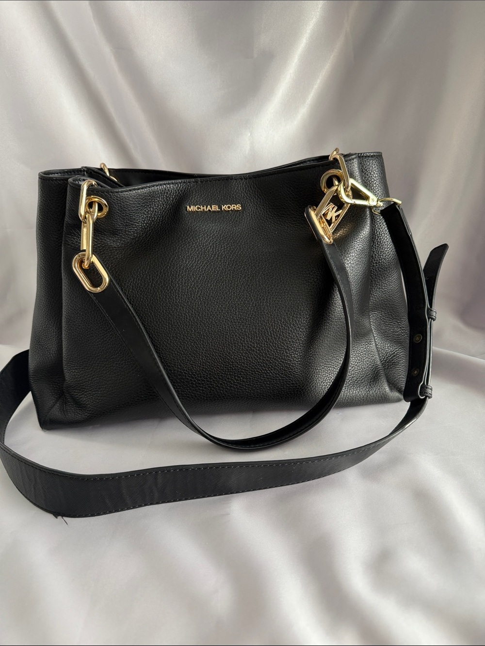 Michael Kors Black Pebbled Leather Trisha Large Triple  Gusset Shoulder Bag.